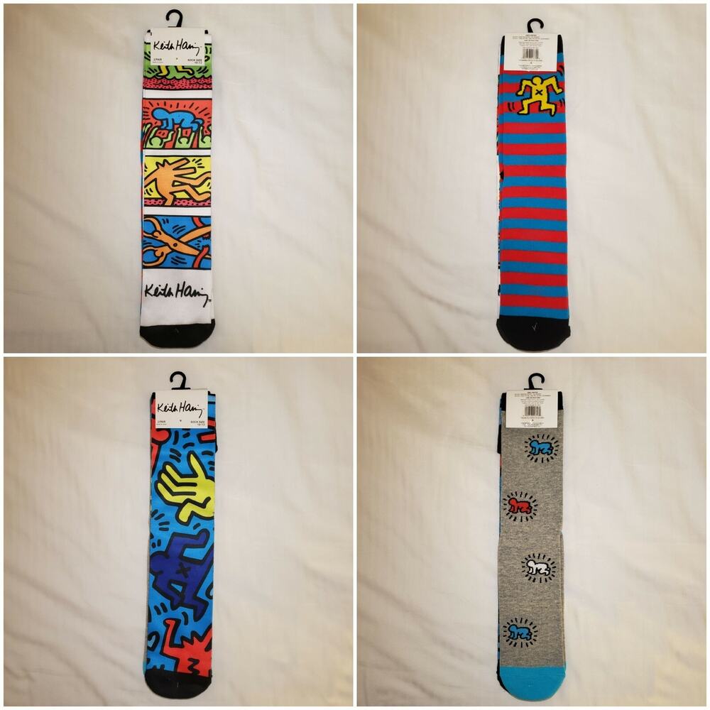 NEW LOT OF 4 PAIRS KEITH HARING STREET POP ART COLORFUL CREW SOCKS SZ 10-13 RARE